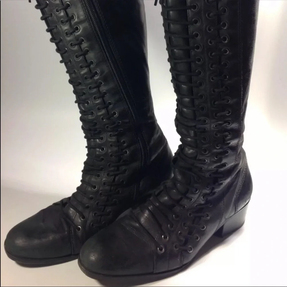 Black leather triple lace up knee high boots cyber punk combat gothic vintage - Picture 6 of 6